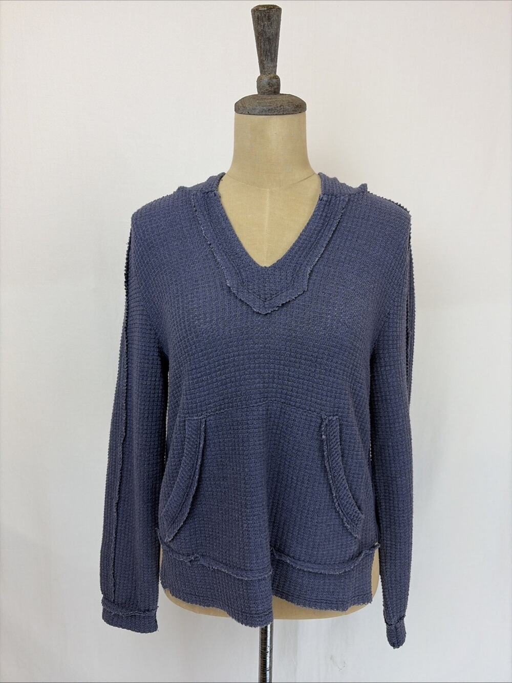 NWT XCVI Navy Thermal Hooded Long Sleeve Knit Top SMALL #0648